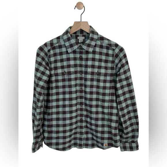 Carhartt Women’s Small 4/6 Long Sleeve Buffalo Check Flannel Shirt Mint - Picture 1 of 4
